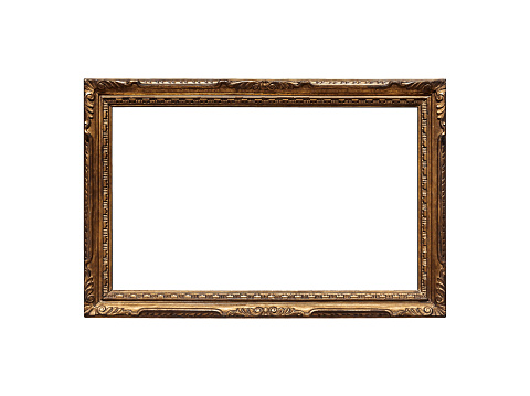 old horizontal long narrow wooden picture frame isolated on white background with cut out canvas