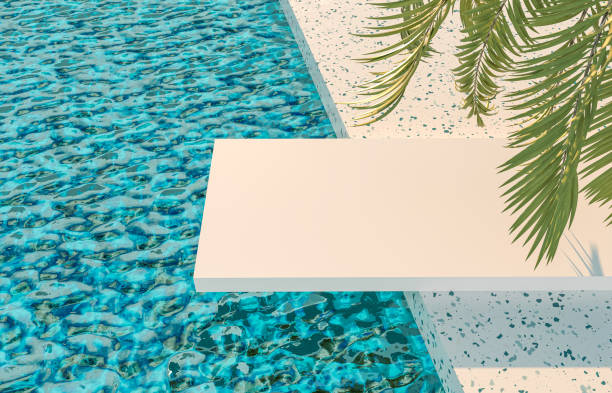 istock Summer pool scene background with white board podium and palm leaves. 1315146178
