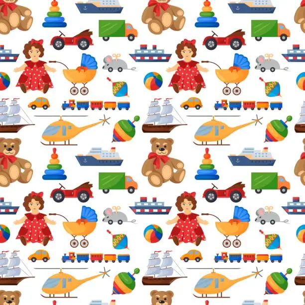 Vector illustration of Seamless vector pattern with a collection of toys. A doll, cars, a helicopter, a ship. Children and kindergarten