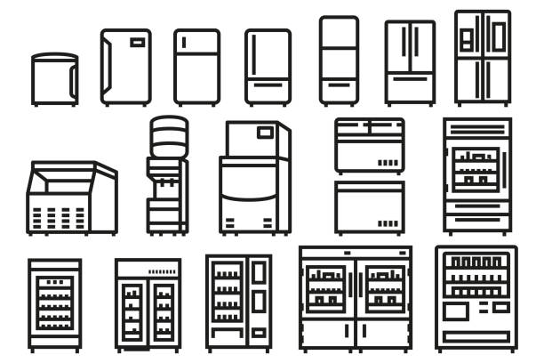 Coolers for food and drinks. Coolers for food and drinks. Different refrigerators, water cooler and ice machines. ice machines stock illustrations