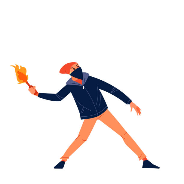 ilustrações de stock, clip art, desenhos animados e ícones de street riots protests. an aggressive man of radical youth throws a cocktail molotov at the riot police. flat style character vector illustration isolated - protest police activist hooligan