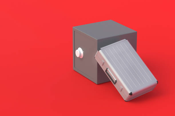 Metal suitcase near safe. Individual bank cells for storage secrecy documents or information. Trade secret. Investing in banking sector. Refinancing of financial institutions. Copy space. 3d render maleta de metal cerca de la caja fuerte. celdas bancarias individuales para documentos o información de secreto de almacenamiento. secreto comercial. invertir en el sector bancario. refinanciación de instituciones financieras. copiar espacio. renderizado