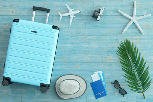 Tourism Concept, Template for advertising, web, social of Airplane windows side view ,Travel tourism trip planning world tour luggage with luggage and ticket on light blue background. 3d rendering