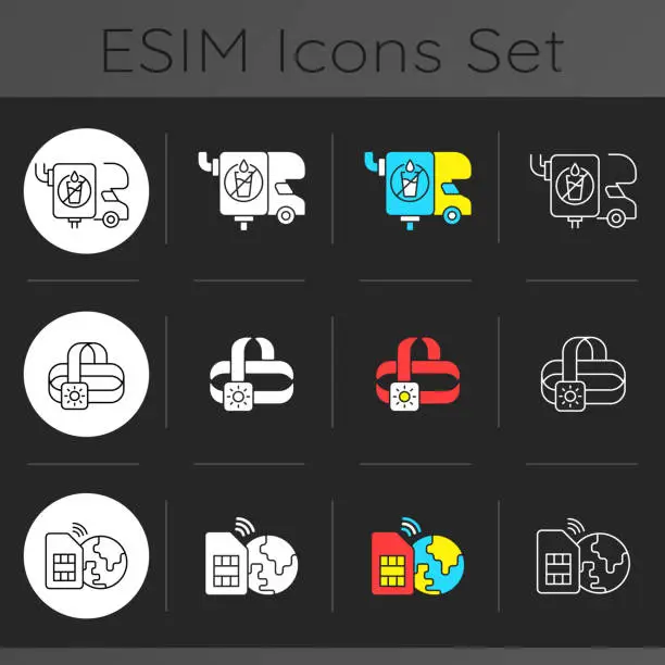 Vector illustration of Traveler equipment dark theme icons set