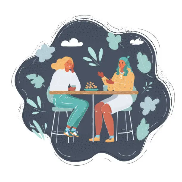 Vector illustration of Vector illustration of Two women talking in cafe and smiling on dark background.