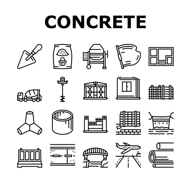 Concrete Production Collection Icons Set Vector Concrete Production Collection Icons Set Vector. Road And Foundation Concrete, Cement Bag And Spatula Tool, Bridge And Airport Runway Building Black Contour Illustrations cement bag stock illustrations