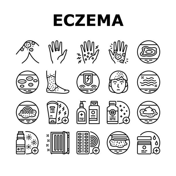 illustrazioni stock, clip art, cartoni animati e icone di tendenza di eczema disease treat collection icons set vector - grattare