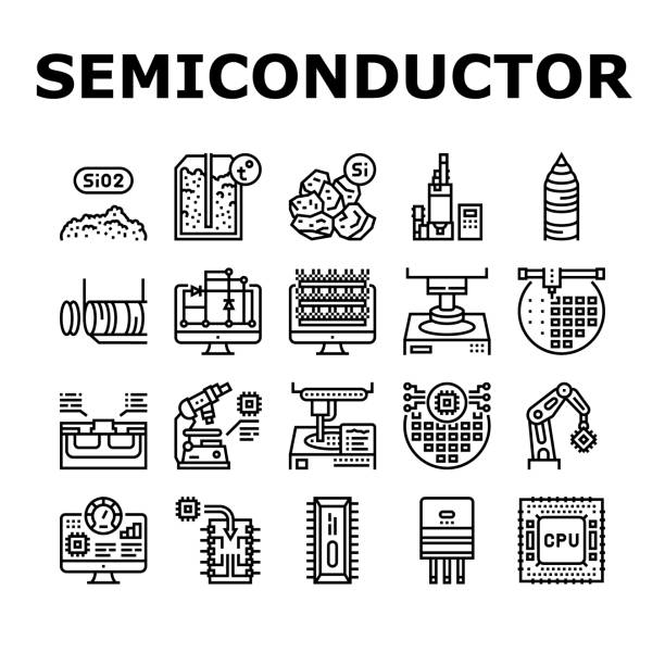 Semiconductor Manufacturing Plant Icons Set Vector Semiconductor Manufacturing Plant Icons Set Vector. Installation Semiconductor On Board And Testing, Test Computer Screen And Digital Equipment Black Contour Illustrations semiconductor stock illustrations