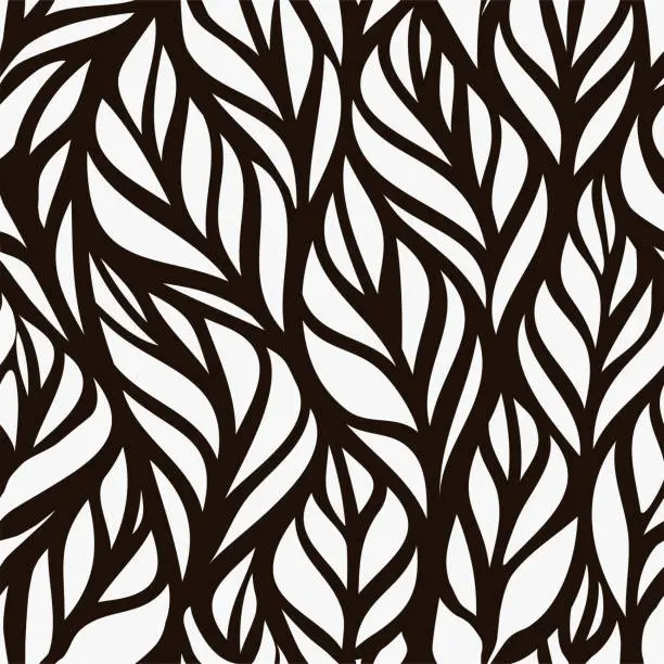 Vector illustration of abstract black and white simplicity curve seamless floral leaf pattern background