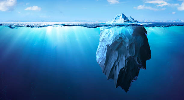 iceberg - peligro submarino - concepto de calentamiento global - renderizado en 3d - subacuático fotografías e imágenes de stock