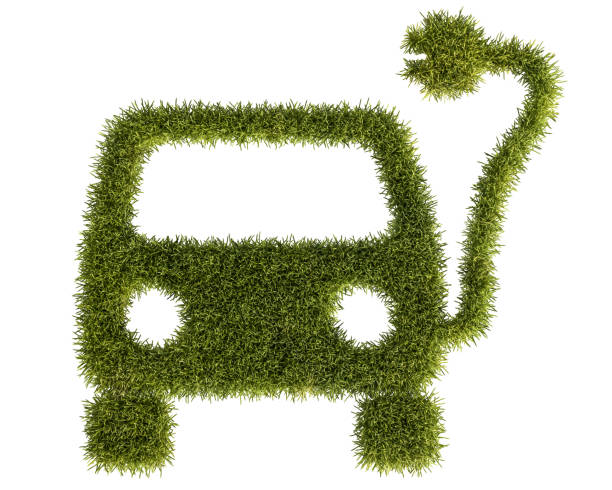 istock Electric car concept as a green grass patch. A car silhouette and a cable with plug. Isolated on pure white background without shadows. 1315164746