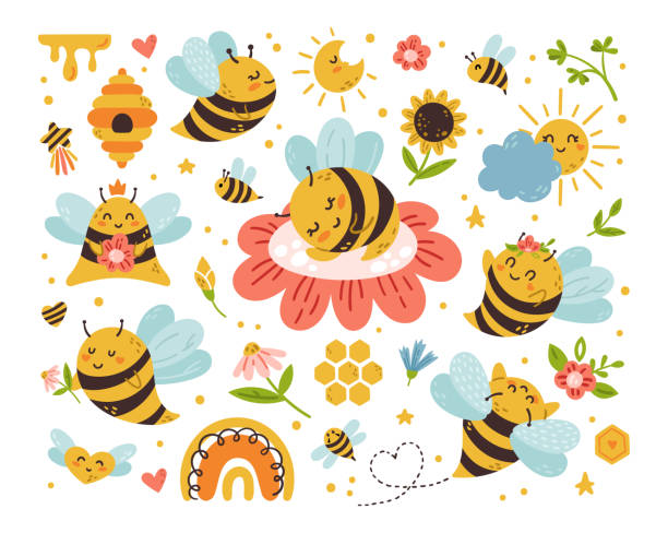 ilustraciones, imágenes clip art, dibujos animados e iconos de stock de honey abeja dibujos animados niños aislados clip art paquete - honey hexagon honeycomb spring