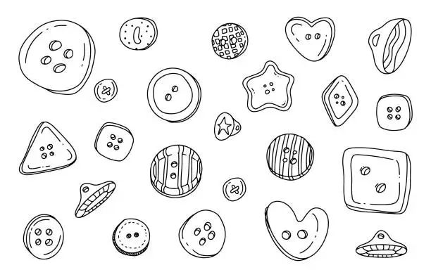 Vector illustration of Button clothes doodle set. Collection of colorful kids plastic cloth round buttons in cartoon style. Fashion design clothing accessory tailor collection illustration.
