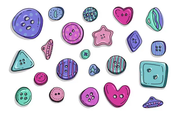 Vector illustration of Button clothes doodle set. Collection of colorful kids plastic cloth round buttons in cartoon style. Fashion design clothing accessory tailor collection illustration.