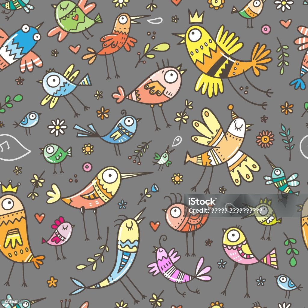 Seamless Pattern With Cute Cartoon Birds On Gray Background Funny Animals  Wallpaper Doodle Herbs And Flowers Print Stock Illustration - Download Image  Now - iStock