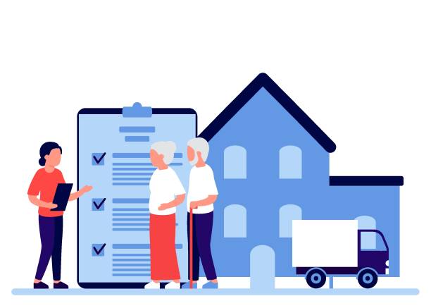 Property insurance people senior retirement, testament signing, appraisal estate. Financial advisor and lawyer services concept. Retirement estate, inheritance planning. Vector illustration Property insurance people senior retirement, testament signing, appraisal estate. Financial advisor and lawyer services concept. Retirement estate, inheritance planning. Vector retirement planning advisor stock illustrations