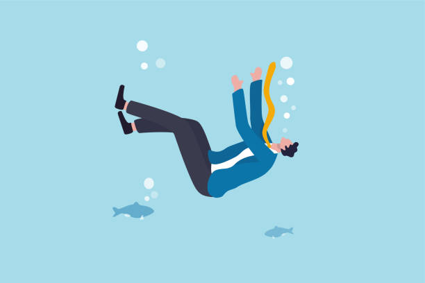 ilustrações de stock, clip art, desenhos animados e ícones de business failure, financial debt problem and bankruptcy, career struggle or unemployment concept, helpless businessman drowning or sinking into the bottom of ocean. - debt finance despair water