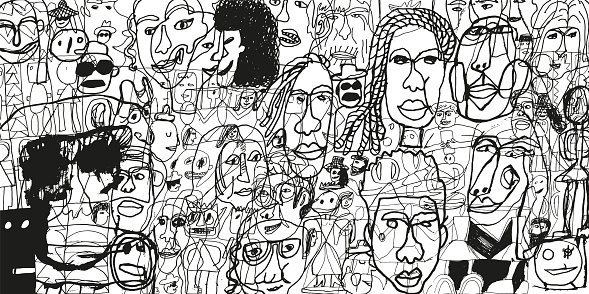 A hand-drawn variety of people. Concept: Inclusivity. Black and white, male and female, young and old people, all in it together.