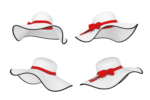 Pretty Beautiful White Women's Summer Sun Hat with Red Ribbon and Bow on a white background. 3d Rendering