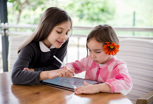 Children Drawing Pictures Using Digital Tablet