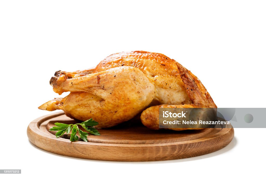 Whole roasted chicken Whole roasted chicken isolated on white background Chicken Meat Stock Photo