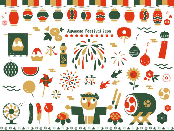 아이콘은 일본 축제를 설정합니다. - 불꽃놀이 오락 행사 일러스트 stock illustrations