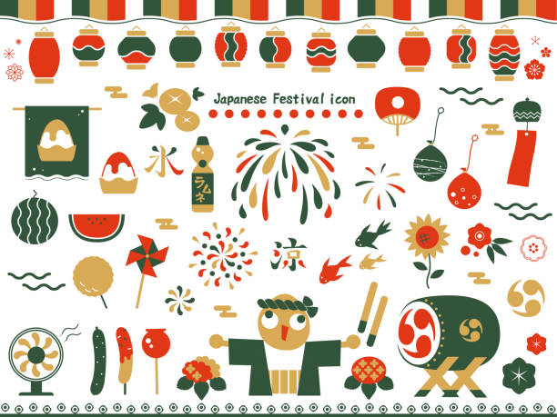 ikona ustawić, że japoński festiwal. - paper lantern illustrations stock illustrations