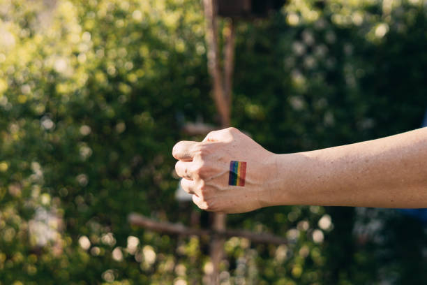 istock Fist raised with a rainbow flag drawn on it 1315176268