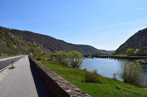 Mosel valley road at the river lock Lehmen