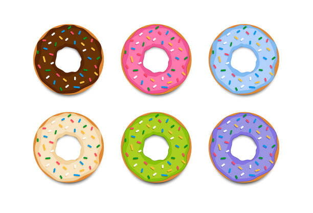 Set of donuts with multicolored glaze isolated on white background. Set of donuts with multicolored glaze isolated on white background. Cute donuts in flat style. Sweet food icon. Vector stock donuts stock illustrations