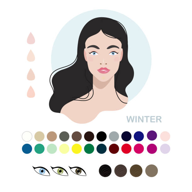 Woman appearance color type winter. Type of appearance with palettes of colors Woman appearance color type winter. Woman portrait with color type or types of skin color. Fashion guide chart with analysis of skin tone color type, hairs, eyes, makeup palette and clothes. Vector skin tone chart stock illustrations