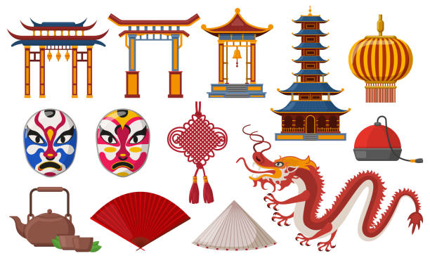 Chinese traditional elements. Asian culture traditional symbols, pagoda, lantern and dragon isolated vector illustration set. China oriental icons Chinese traditional. Asian culture traditional symbols, pagoda, lantern and dragon isolated vector illustration set. China oriental icons. Oriental traditional, lantern and pagoda, china celebration dragon in chinese temple stock illustrations