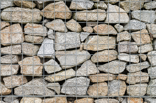 Stone gabion as a retaining wall. Background.