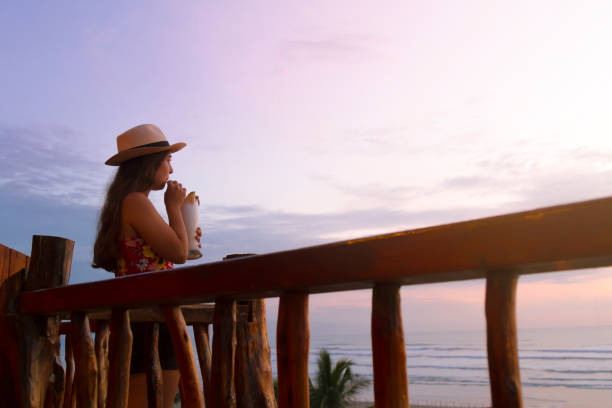 wiedereröffnung von hotelkonzepten - junge latin-weibchen mit einem alkoholischen cocktail auf dem hotelbalkon auf ihrem urlaub nach corona virus pandemie krankheit mit einem blick auf den strand während des sonnenuntergangs - rio de janeiro brazil landscape south america stock-fotos und bilder