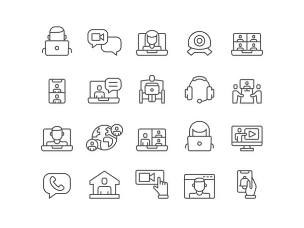 Video Conference Icons Video conference, working at home, business meeting, icon, icon set, editable stroke, outline, remote working, conference, using computer virtual event stock illustrations