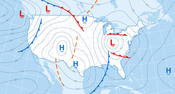 Weather forecast map Weather forecast map. Meteorological concept on blue backgrounds. Vector illustration. typhoon satellite stock illustrations