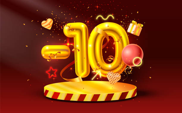 istock 10 Off. Discount creative composition. 3d Golden sale symbol with decorative objects, heart shaped balloons, golden confetti, podium and gift box. Sale banner and poster. Vector 1315194487