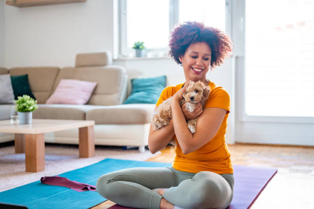 istock Young cheerful woman peting a little puppy during exercizing 1315194604