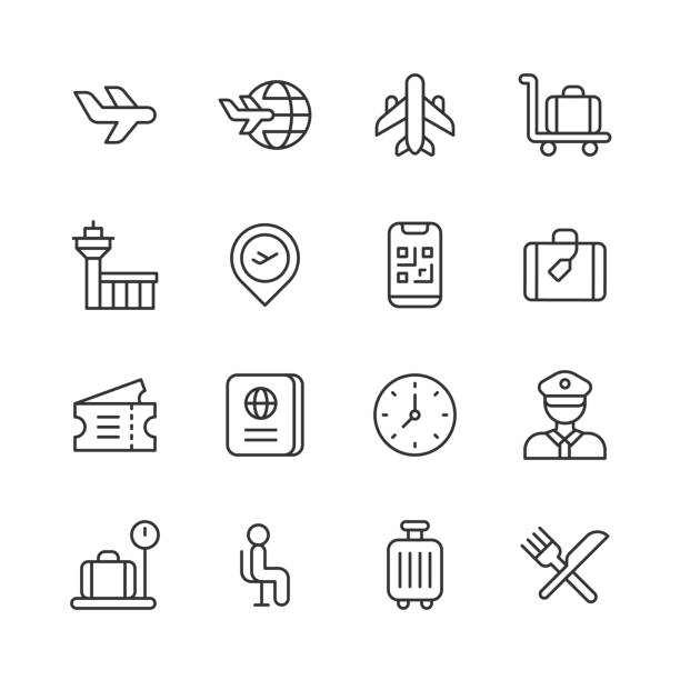 Airport Line Icons. Editable Stroke. Pixel Perfect. For Mobile and Web. Contains such icons as Airplane, Checkout, Currency Exchange, Flight, Flying, Luggage, Passenger, Passport, Safety, Schedule, Suitcase, Terminal, Ticket, Transport, Travel, Vacation. 16 Airport Outline Icons. Adventure, Aerospace Industry, Airplane, Airport, Bag, Bus, Checkout, Clock, Coffee, Currency Exchange, Dinner, Disability, Elevator, Flight, Flying, Food, Guard, Location, Luggage, Money, Navigation, Parking, Passenger, Passport, Pilot, QR Code, Restaurant, Safety, Schedule, Seat, Security, Sitting, Smartphone, Stairs, Suitcase, Summer, Taxi, Technology, Terminal, Ticket, Time, Train, Transportation, Travel, Travel Destination, Vacation, Waiting. airport patterns stock illustrations
