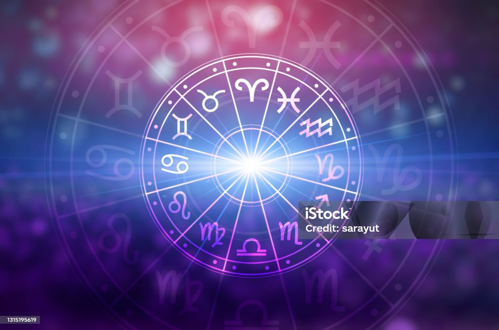 Zodiac signs inside of horoscope circle. Astrology in the sky with many stars and moons  astrology and horoscopes concept Astrology Sign Stock Photo