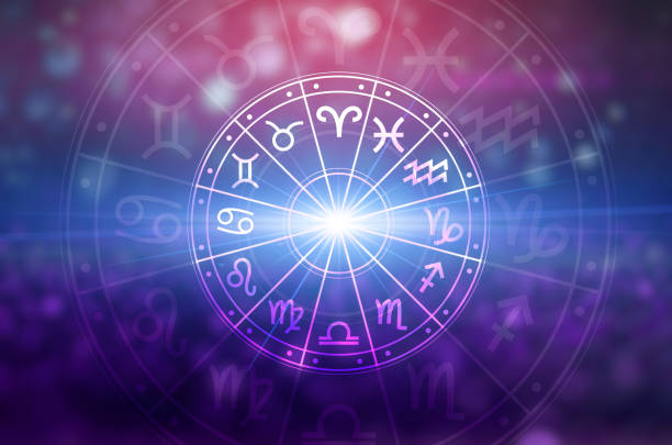 Zodiac signs inside of horoscope circle. Astrology in the sky with many stars and moons  astrology and horoscopes concept Zodiac signs inside of horoscope circle. Astrology in the sky with many stars and moons  astrology and horoscopes concept astrology stock pictures, royalty-free photos & images