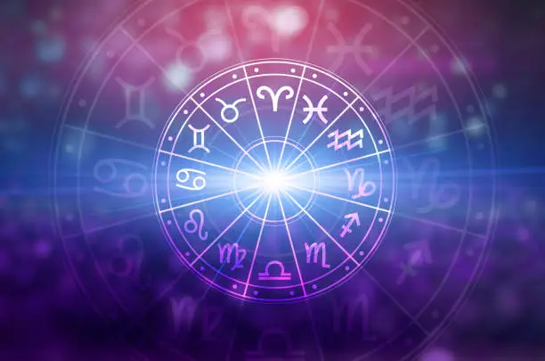 Photo of Zodiac signs inside of horoscope circle. Astrology in the sky with many stars and moons  astrology and horoscopes concept