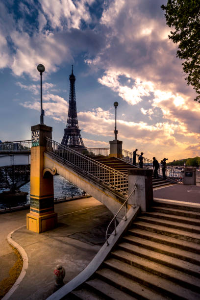 Paris, France - April 28, 2021: View from the Debilly walkway and Eiffel Tower in background in Paris