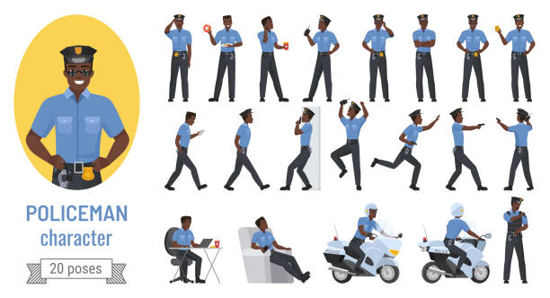 Policeman black african american officer man different poses gestures set Policeman poses vector illustration set. Cartoon bearded professional black african american police officer character various action with emotions, cop in uniform posing running, standing or walking sheriff illustrations stock illustrations