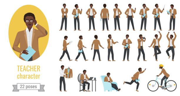 Stylish black african american man teacher poses set Stylish black african american man teacher poses vector illustration set. Cartoon executive adult male lector character posing in pointing, thinking, speaking on lecture presentation, gestures collection bike hand signals stock illustrations