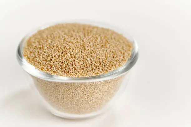 White Poppy Seeds in a glass bowl on a white background