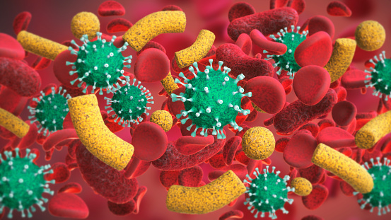 Stylized representation of colorful virus cells on a red background