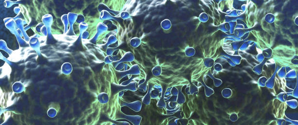 istock Extreme close-up on a group of red and blue stylized virus cells 1315199356