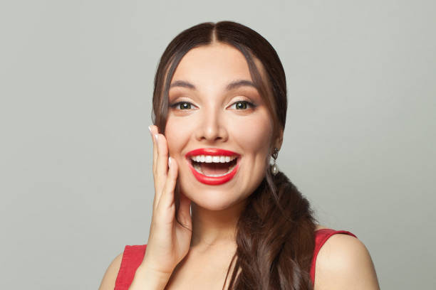 istock Happy surprised woman on white background. Positive emotion 1315204314