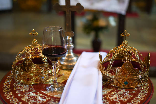 istock Wedding crowns in orthodox church ready for wedding ceremony 1315204805